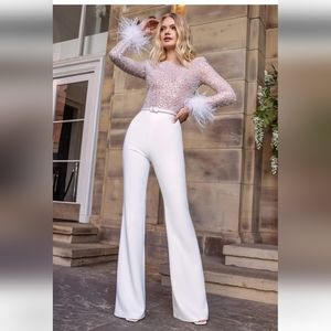 Nadine Merabi Amelia pantsuit jumpsuit large white feathers sequin NWT